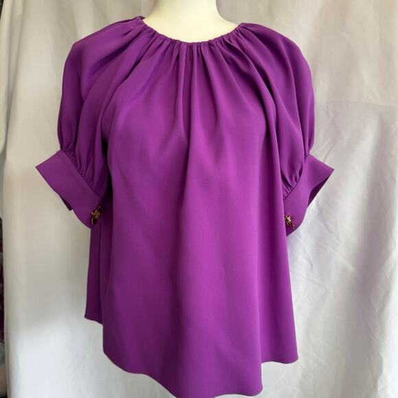 Oscar de la Renta Gathered Stretch Silk Blouse in Hyacinth - Size 4 - Picture 2 of 14